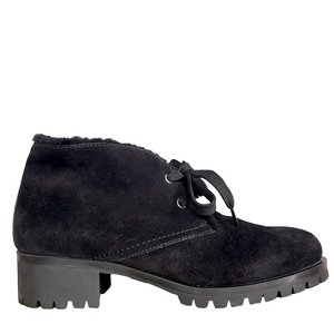PRADA Black Suede Lace-up Chukka Shearling Lined Lug Sole Boot